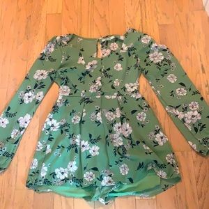 Green floral long sleeve romper